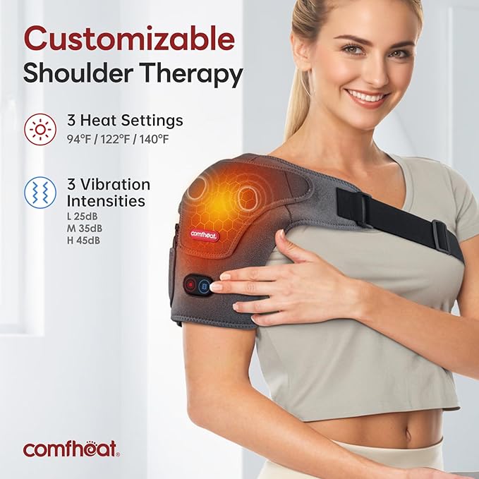 Cordless Shoulder Heating Pad with Vibration Massage for Frozen Shoulder Rotator Cuff Pain Relief, 5000mAh Battery Powered Heated Shoulder Brace Wrap, 1-3H Hot Compress for Men & Women