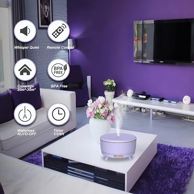Diffusers for Essential Oils Large Room Humidifier, 500ml Aromatherapy Diffuser Cool Mist Humidifier with Remote Control,7 Colors Lights & 3 Mist Mode Waterless Auto Off for Women Office Light Purple - Bloomnest