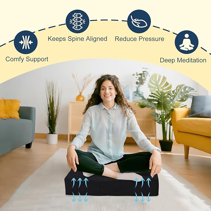 Wellsin Solid Square Floor Pillows for Adults Kids - Large Meditation Floor Pillow Seating Cushion with Thick Foam & Washable Velvet Cover, 1 Pack, 22x22x5 Inch, Black