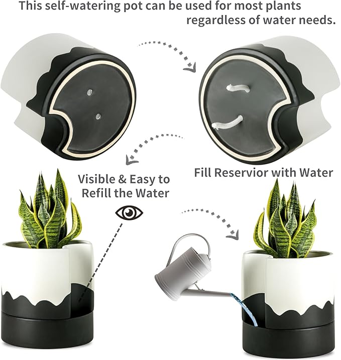 Nihow Self Watering Plant Pot: 8 Inch Ceramic Planter with Drainage Hole & Water Storage Plus for Indoor & Outdoor Plants - Cylinder Round Flower Pot for Succulent/Herbs/Violets - White & Wave Black - Bloomnest
