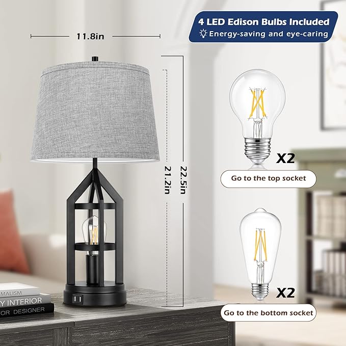 BesLowe 2-Light Farmhouse Rustic Touch Table Lamps Grey, 3-Way Dimmable Bedside Lamps with 2 USB Ports for Bedroom, End Table Lamps for Living Room with Gray Shades, 4 LED Bulbs Included, Set of 2 - Bloomnest