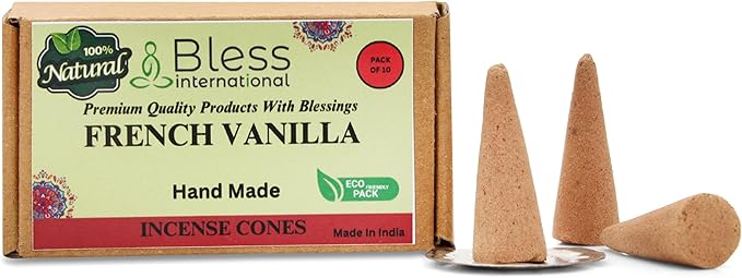 Bless International French-Vanilla 100%-Natural-Incense-Cones Handmade-Hand-Dipped Organic-Chemicals-Free for-Purification-Relaxation-Positivity-Yoga-Meditation The-Best-scents (10 Count) BlessInternational