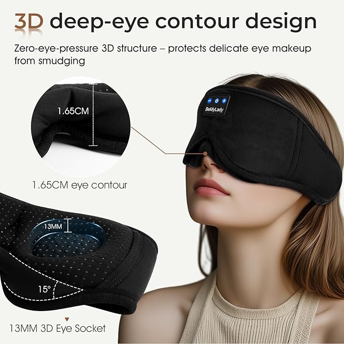 Sleep mask Headphones,100% Blackout 3D Zero Eye Pressure Bluetooth Sleep mask Breathable Eye mask with Bluetooth Headphones Sleep Headphones for Side Sleepers 14H Playtime&Bluetooth 5.4 Black - Bloomnest