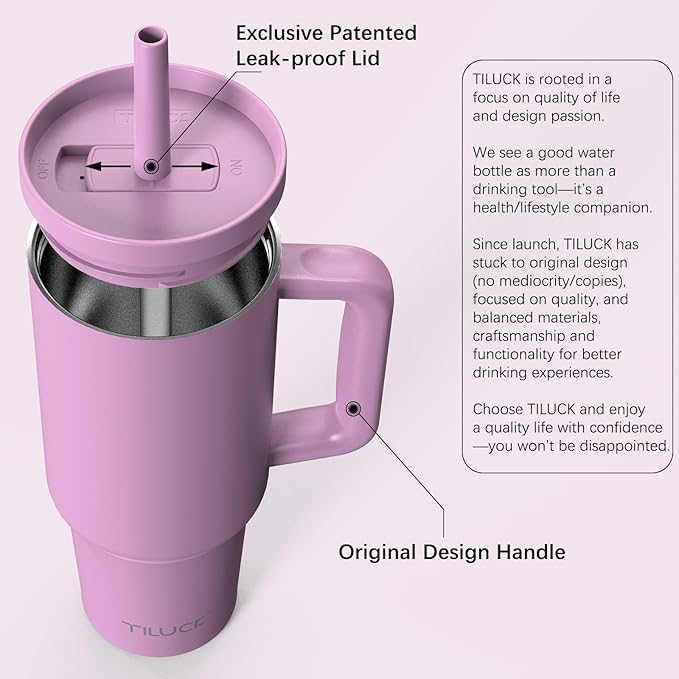 TILUCK 40 oz Tumbler with Handle, Vacuum Insulated Stainless Steel Travel Mug with 100% Leak-Proof Silicone Straw Lid, Cupholder Friendly Water Bottle(Lilac, 40oz)