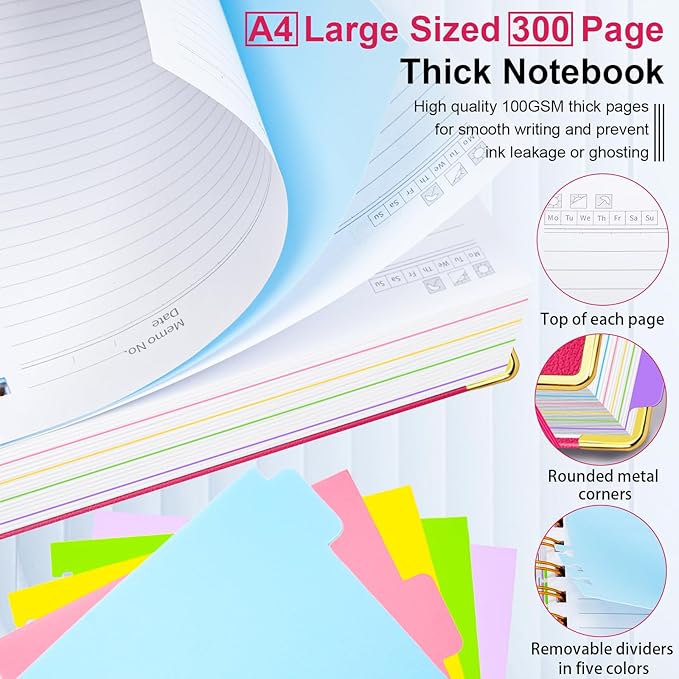 Hardcover Spiral Notebook 8.5"x11" Journal Notebook with Tabs and Removable Dividers 300 Pages 5 Subject Notebook College Ruled, Faux Leather Spiral Bound Notebook for Women School Work (Rose Red) - Bloomnest