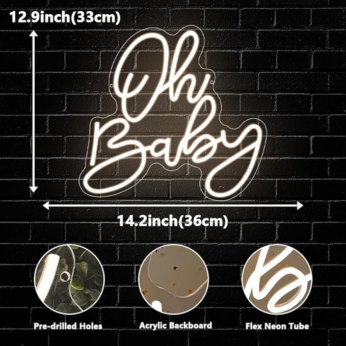 Oh Baby Neon Sign, Baby Shower LED Neon Light for Party Wall Decor Light Up Sign for Gender Reveal Birthday Party Decorations Warm White Dimmable USB Powered(14.2"*12.9") - Bloomnest