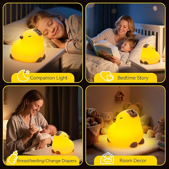 Cute Capybara Night Light for Kids, 3-Level Dimmable Nursery Nightlight, Silicone Squishy Light Up Gifts, Rechargeable Bedside Touch Lamp for Breastfeeding Toddler Baby Kids Decor - Bloomnest