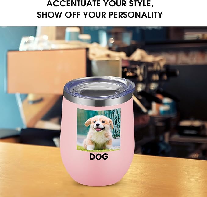 Personalized Custom Wine Tumbler Print in USA 12oz Stainless Steel Travel Coffee Cup with Lid & Straw Double Wall Insulated Mug with Colorful Text Logo Photo - Bloomnest