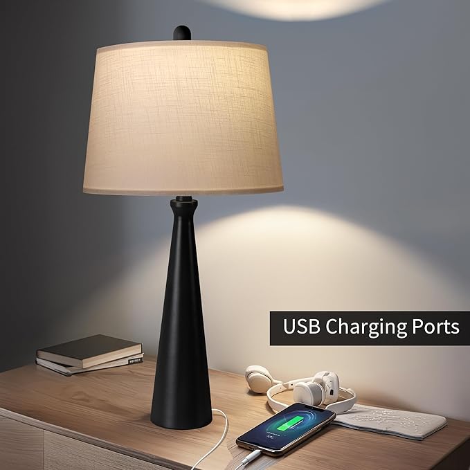 Oneach 25.75" Modern Table Lamp Set of 2, Bedside Lamps with USB Ports, Black Nightstand Lamps Set for Living Room Bedroom House Bedside Home Office Family - Bloomnest