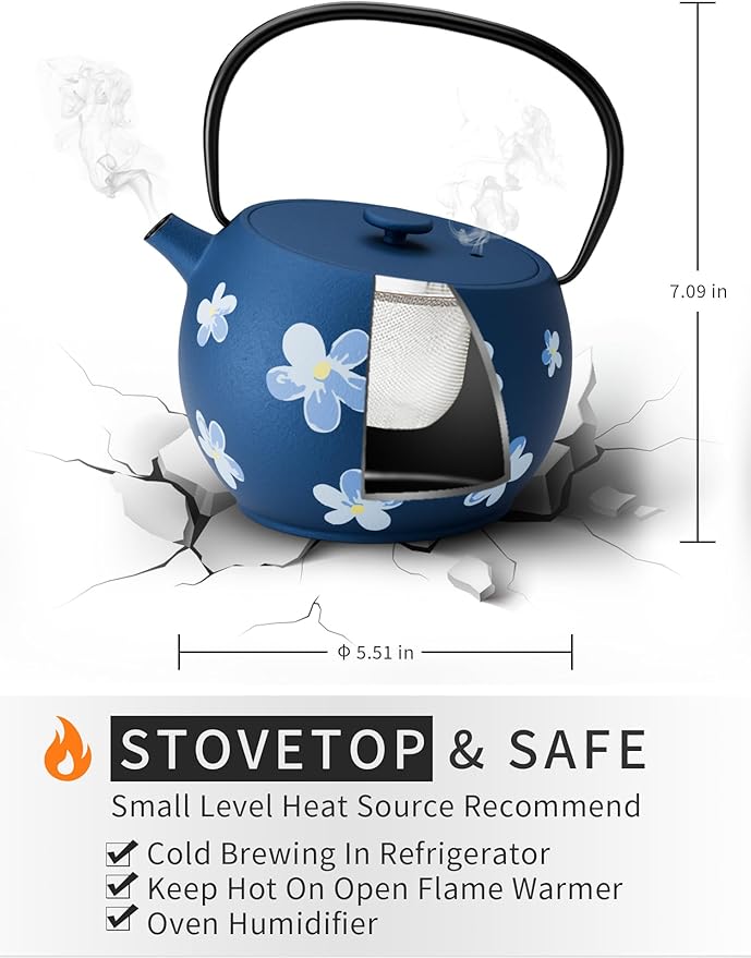 Toptier Teapot with Removable Infuser, Cast Iron Tea Kettle Stovetop Safe, Solid Geometry Ball Design Tea Pot Coated with Enameled Interior for 32 Ounce (950 ml), Navy Flower - Bloomnest