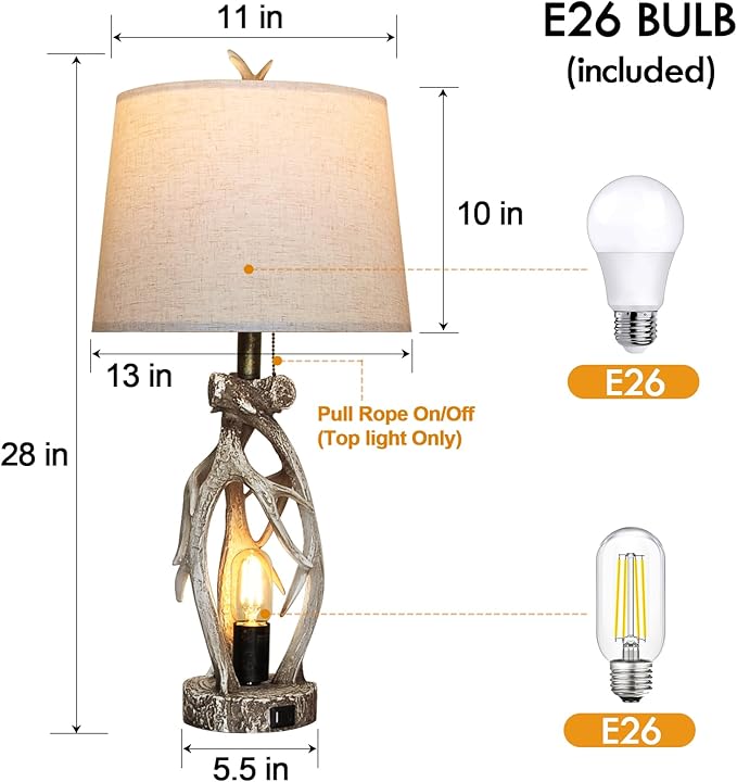 28" Touch Rustic Antler Table Lamps Set of 2 for Bedroom, 3 Way Dimmable Farmhouse Nightstand Lamps with USB + Type C Ports for Living Room End Table Cabin Decor (Included 4 Bulbs) - Bloomnest