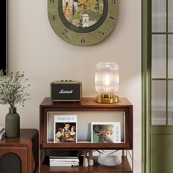 Dimmable Colorful Glass Table Lamp: Mid Century Modern Nightstand Light With Stained Shade - Small Decorative Brass Desk Lamp - Ribbed Glass Bedside Tables Lamps for Bedroom Living Room Bulb Excluded - Bloomnest