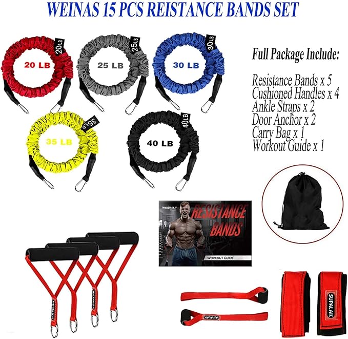 Resistance Bands, 15 Pieces Exercise Elastic Bands Set, 20lbs to 40lbs Resistance Tubes with Heavy Duty Protective Nylon Sleeves Anti-Snap for Fitness SUPALAK - Bloomnest