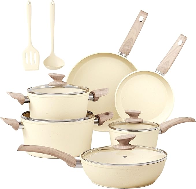 MAISON ARTS Pots and Pans Set Non Stick, Kitchen Cookware Sets Nonstick, 12 Piece Granite Cooking Pot and Pan for Induction, Stovetop, Beige - Bloomnest