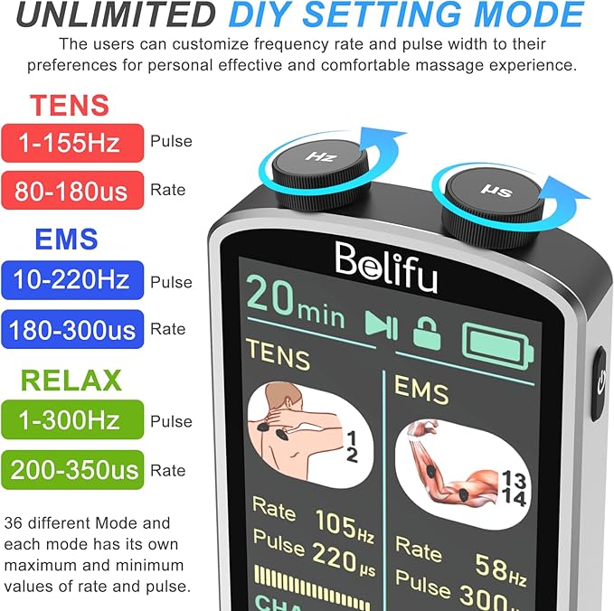 TENS EMS Unit Muscle Stimulator for Pain Relief Therapy - 4 in 1 TENS & EMS & Relax & Custom Frequency + Pulse - Muscle Massager 36 Modes 20 Intensity, Memory & Favorites Function with 600mAh Battery - Bloomnest