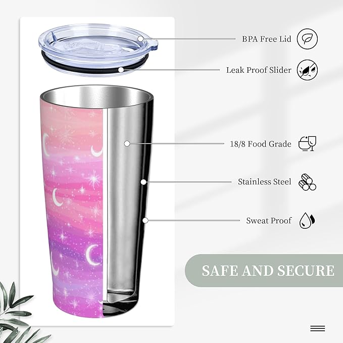 Star and Moon Tumbler with Lid and Straw 20 oz Stainless Steel Cup Insulated Tumbler Coffee Mug for Home Office or Car Christmas Birthday Gifts - Bloomnest