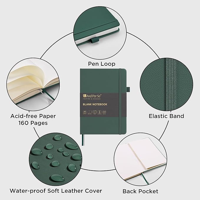 &And Per Se Blank Journal Notebook, 160 Pages, A5 5.7 x 8 inches 100 gsm Thick Paper Notebook Journals for Writing, Hardcover Notebook(1 Pack, green)