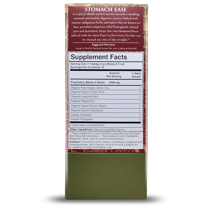 Térapy Ceylon Stomach Ease Herbal Tea Bags | Soothes Stomach & Supports Healthy Digestion | All Natural Ayurvedic Ingredients Including Peppermint, Ginger, Licorice | 18 Individually Wrapped Tea Bags - Bloomnest