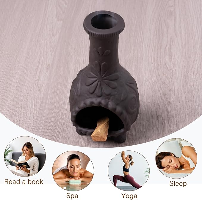 Elegant Handmade Black Palo Santo Holder–Incense Cone & Stick Burner with Smudge Chimney for Sage, Aromatherapy, Yoga, Meditation and Home Decor | Unique Gift for Friends & Family MOUGIGI