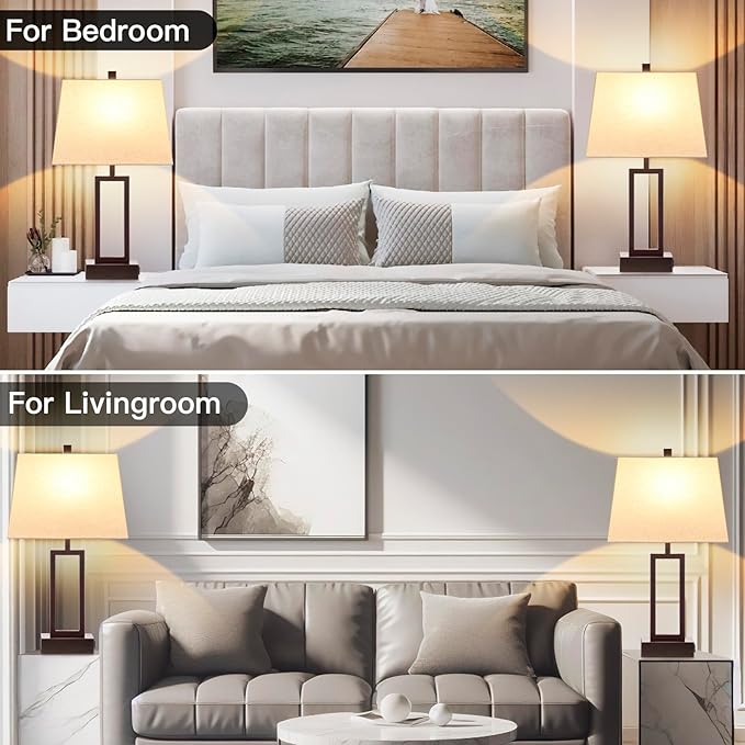 23.5" Touch Control Table Lamps, Metal Bedside Lamp for Bedroom Set of 2 with USB A+C Ports & AC Outlet, 3-Way Dimmable Nightstand Lamp for Living Room (LED Bulb Included) - Bloomnest