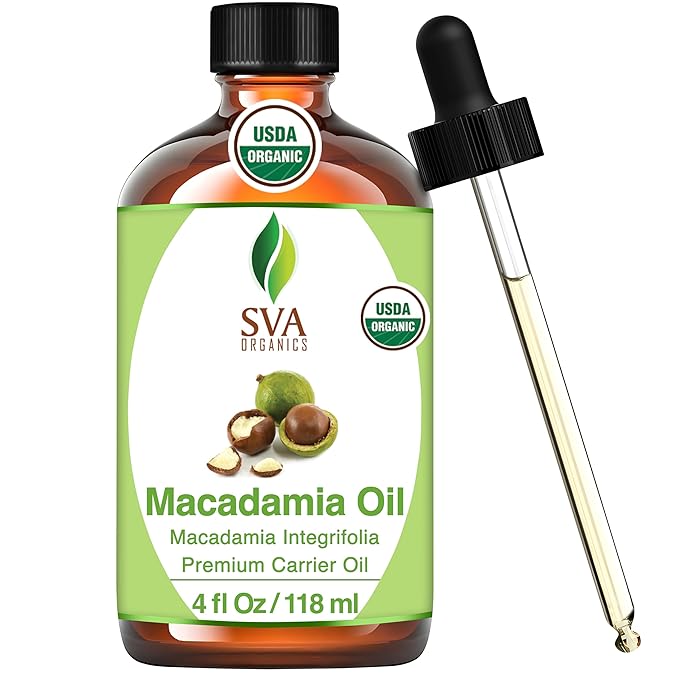 SVA Macadamia Seed Oil Organic - 4 Fl Oz – 100% Natural Cold Pressed Organic Macadamia Oil - for Face, Skin Care, Hair Care, Scalp Massage & Body Massage – Carrier Oil with Dropper - Bloomnest