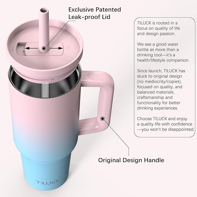 TILUCK 40 oz Tumbler with Handle, Vacuum Insulated Stainless Steel Travel Mug with 100% Leak-Proof Silicone Straw Lid, Cupholder Friendly Water Bottle(PinkBlueGradient, 40oz)