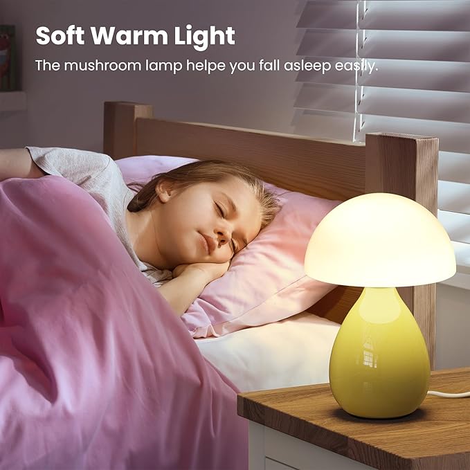 Mushroom Lamp Bedside, Mini Modern Lamp Small Vintage Table Nightstand Light, Small Light Dimmable for Bedroom, Living Room, Ceramic Base Glass Led Home Decor for Woman Children Gift - Bloomnest