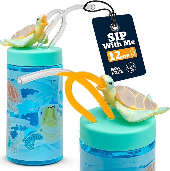 Kids Water Bottle, Toddler Cups, Tumbler with Lid and Straw, Travel Sippy Cup for Water or Milk, Kids Cups with Lids for Toddlers 3 and Up, BPA Free Plastic, 12 oz (Sealife Sea Turtle) - Bloomnest
