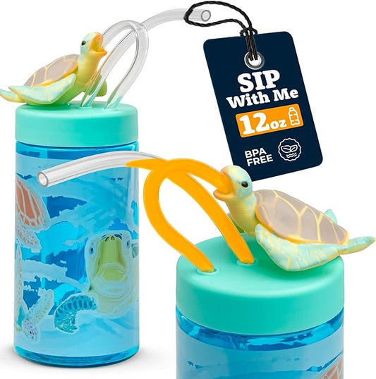 Kids Water Bottle, Toddler Cups, Tumbler with Lid and Straw, Travel Sippy Cup for Water or Milk, Kids Cups with Lids for Toddlers 3 and Up, BPA Free Plastic, 12 oz (Sealife Sea Turtle) - Bloomnest