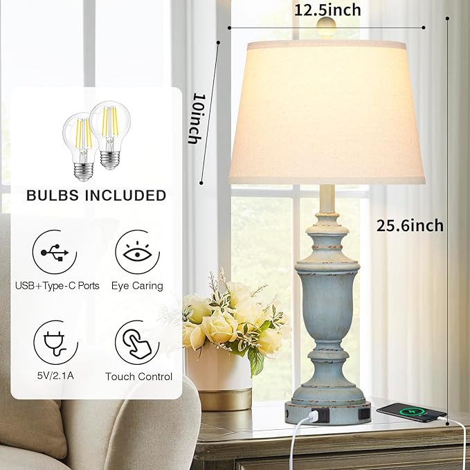 25.6" Coastal Table Lamps Set of 2 with USB C+A Ports & AC Outlet for Rustic Living Room Retro Bedroom,3-Way Dimmable Touch Lamp Bedside Lamps for Nightstand Side End Table,Retro Blue - Bloomnest