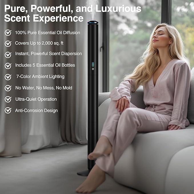 Waterless Scent Diffuser Starter Kit - 2000 Sq Ft Coverage, Luxury Hotel Scent Diffuser, Diffusers for Essential Oils Large Room, Included 5 Scent Oils, Remote Control, Black, 40In - Bloomnest