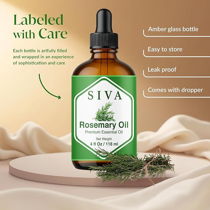 Siva Rosemary Essential Oil - 4 Fl Oz – 100% Natural Rosemary Oil - for Diffuser, Face, Skin Care, Aromatherapy, Hair Care, Scalp and Body Massage - with Dropper - Bloomnest