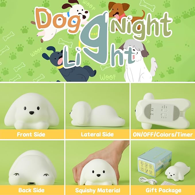 Tremdwoto Dog Night Light for Kids,Cute 7 Colorful Night Light Baby Girl Squishy Night Lights Lamp 1/3 Hour Timer Puppy Light Dimmable Nursery Nightlight，Kawaii Bedroom Decor,Gift for Boys and Girls - Bloomnest