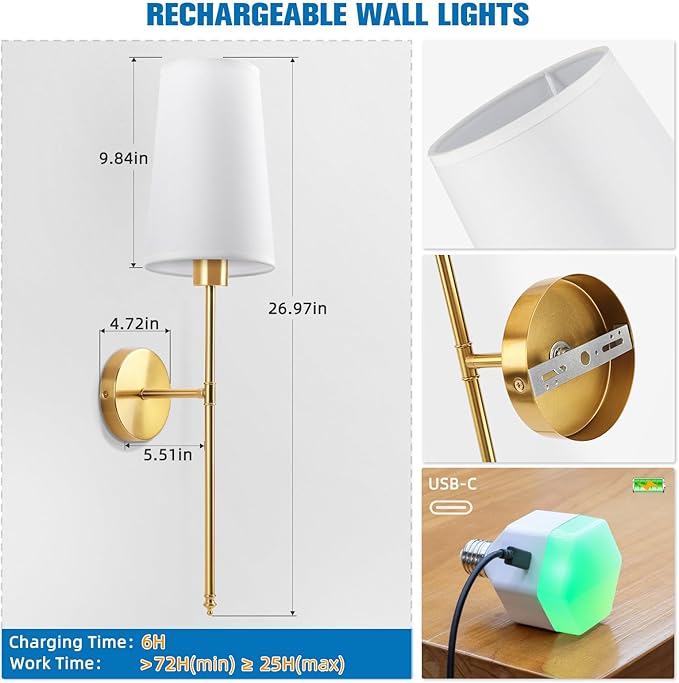 NIORSUN Gold Battery Operated Wall Sconce Set of 2,Rechargeable Wall Lights with 5200mAh Dimmable Detachable Bulbs and Remote,9 Colors Wireless Sconces for Bedroom Living Room Hallway - Bloomnest