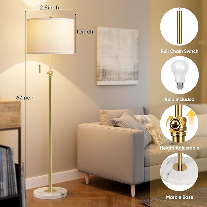 PARTPHONER Floor Lamp for Living Room, 66'' Adjustable Height Standing Lamp with Marble Base, 3-Color Tall Lamps with Pull Chain, Suitable for Bedroom, Reading, Office (Bulb Included, White Shade) - Bloomnest