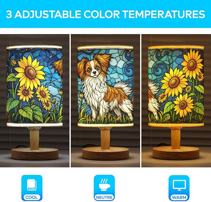 Papillon Table Lamp LED 3-Color Pressed Bedside, Dog Shade Lamp with Wood Base for Bedroom Living Room Desk Office - Bloomnest