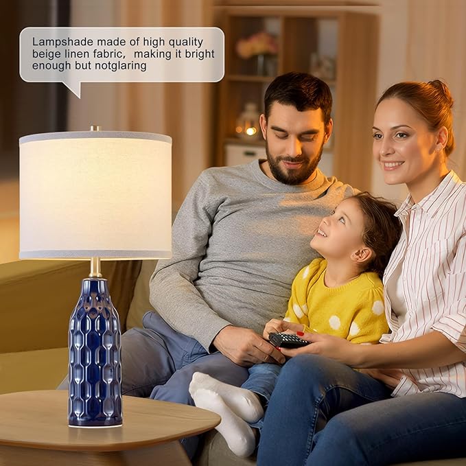Luvkczc 24.8" Ceramic Table Lamps Set of 2 for Nightstand - 3 Color Temperature&Bulbs Included, Bedside Lamps for Living Room Bedroom Home Office Table Decor, Navy Blue - Bloomnest