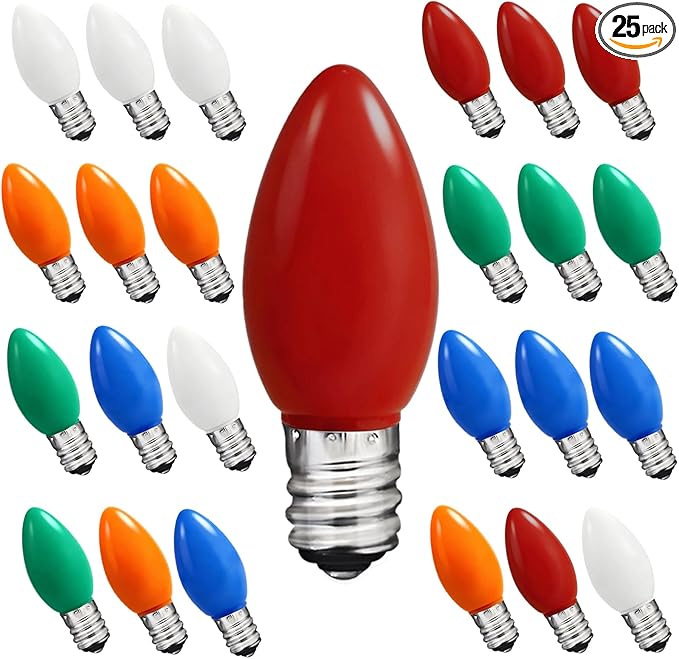 C7 LED Christmas Lights Replacement Bulbs, 25 Pack 0.6w C7 Ceramic Multicolor Light Bulbs with E12 Candelabra Base, Vintage Colored Light Bulbs for Indoor/Outdoor Christmas String Lights - Bloomnest
