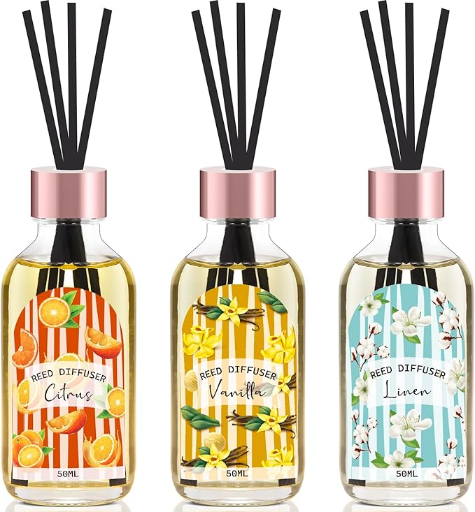 Reed Diffuser Set of 3 Pack, Linen Vanilla Citrus Scented Oil Diffuser with 15 Sticks, Reed Diffusers for Home, Bathroom Air Freshener, 1.7 Fl.oz Each, Total 5.1 Oz - Bloomnest