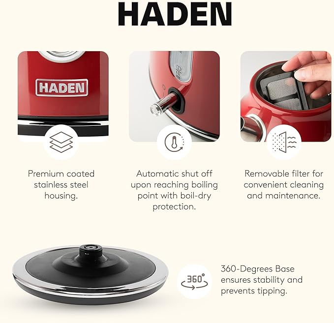 Haden Dorset 1.7 Liter Stainless Steel Electric Kettle, Hot Water Kettle with 360-Degree Base and Auto Shutoff, Rectory Red - Bloomnest