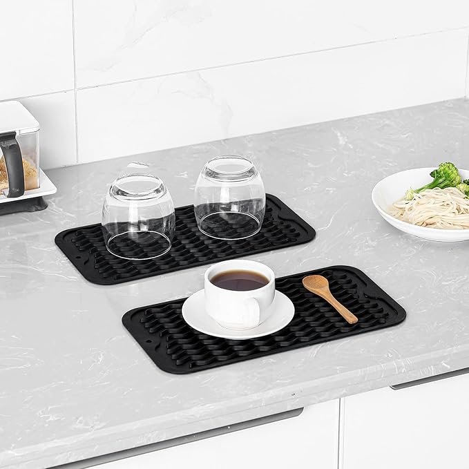 Silicone Dish Drying Mat for Multiple Usage,Easy clean,Eco-friendly,Heat-resistant Silicone Mat for Kitchen Counter or Sink,Refrigerator or Drawer Liner Black S 12 inches x 6 inches - Bloomnest
