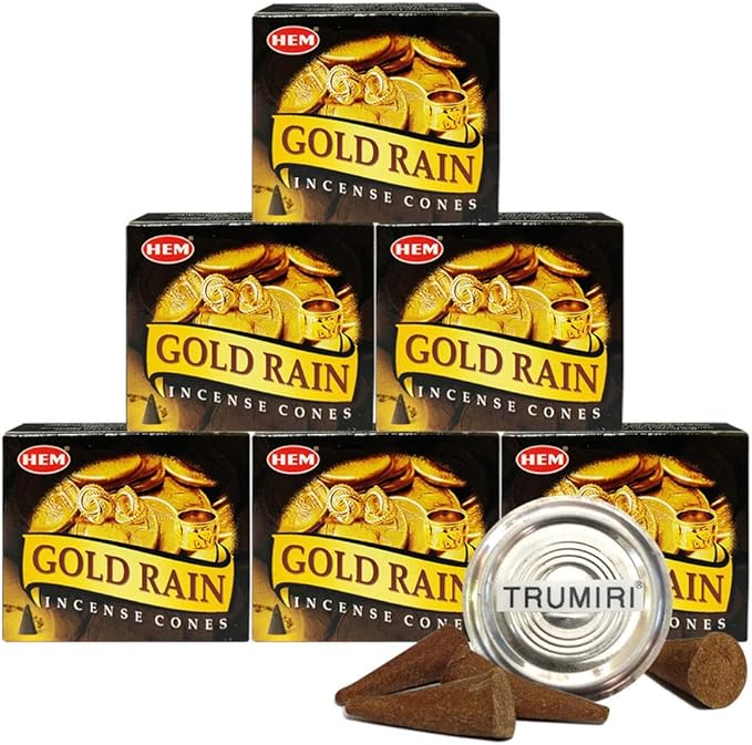 TRUMIRI Incense Cone Holder Bundle with Hem Gold Rain Incense Cones - Pack of 6 (Approx 60 Cones)