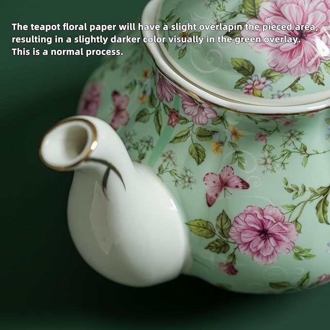 Flower Ceramic Teapot,22oz Porcelain Tea pot for Tea Coffee Milk for Office Home Men Women as Gift (Green) - Bloomnest
