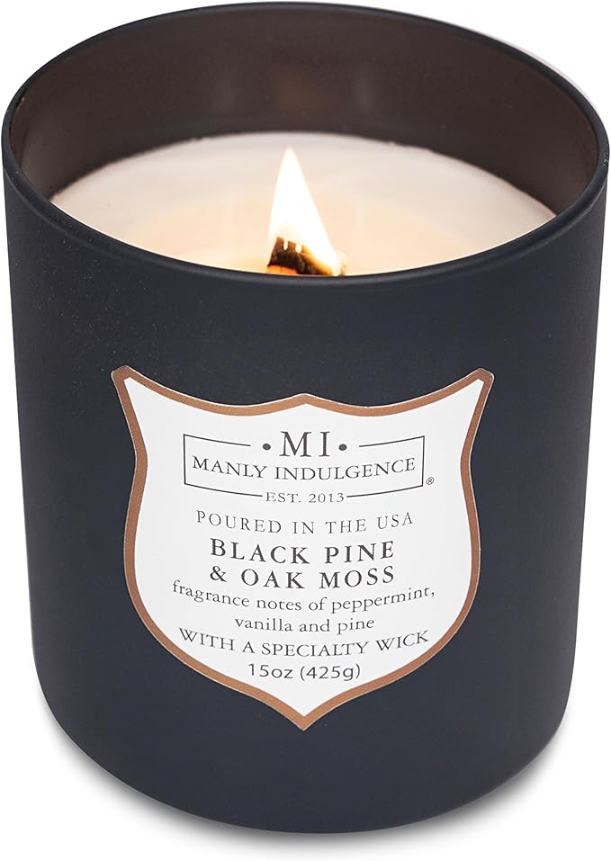 Manly Indulgence Black Pine Oakmoss Scented Candles for Men, 15 oz Wooden Wick, Premium Soy Blend Wax, 60H Burn, Candles for Home Scented - Made in The USA - Bloomnest