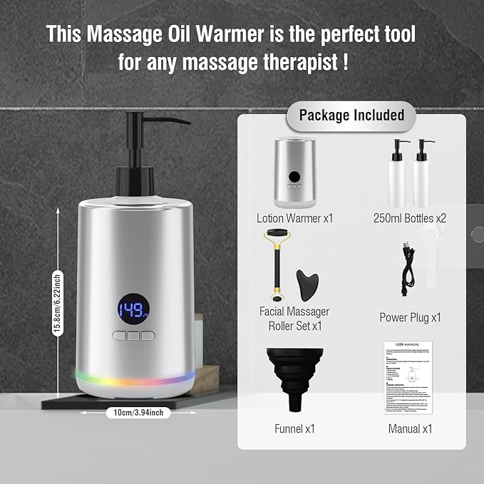Massage Oil Lotion Warmer, Massage Oil Heater for SPA Massage Therapy and Personal Use, Portable Body Oil Warmer Dispenser with Two Massage Bottles, Adjustable Temperature(86-149°F), Silver - Bloomnest