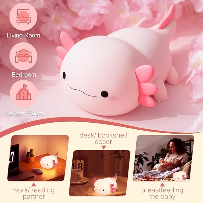 Axolotl Cute Night Light for Kids, Axolotl Lamp Girls Xmas Gifts, Rechargeable Bedside Nightlight, Squishy Dimmable Silicone LED Funny Animal Light, Baby Nursery Dorm Kawaii Décor Toys - Bloomnest
