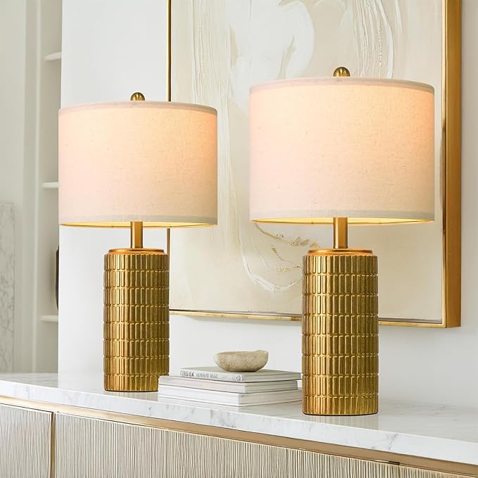 PoKat 23" Brass Gold Ceramic Table Lamps for Living Room, Retro Warm Gold Lamps for Night Stands, Vintage Bronze Decorative Lamps for Bedroom, Antique Gold Brown Nightstand Lamps for Home Decor - Bloomnest