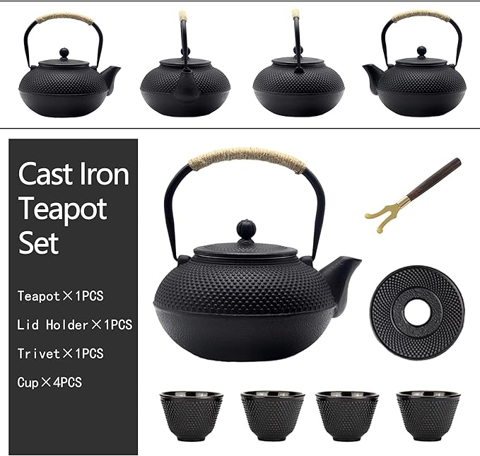 Big Cast Iron Teapot, Japanese Tetsubin Tea Kettle for Stovetop Safe, Cast Iron Teapot with Stainless Steel Infuser for Loose Tea and a Fully Enameled Interior (1500ml Tea Set with Cups) - Bloomnest