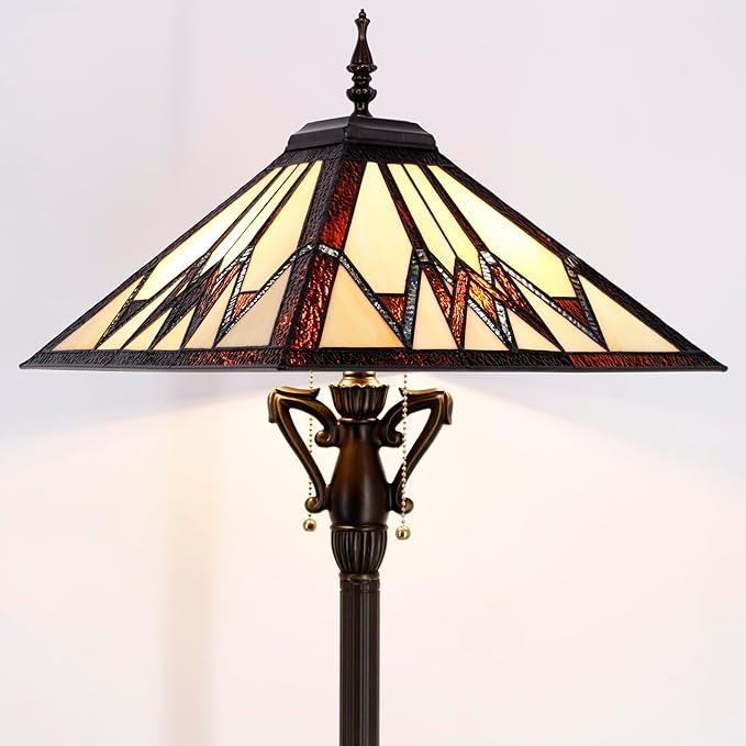 Tiffany Floor Lamp Cream Amber Mission Style Stained Glass Standing Reading Light 16X16X64 Inch - Bloomnest