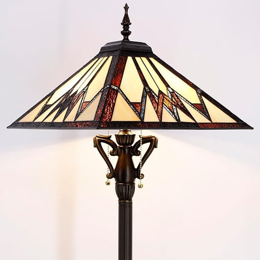 Tiffany Floor Lamp Cream Amber Mission Style Stained Glass Standing Reading Light 16X16X64 Inch - Bloomnest